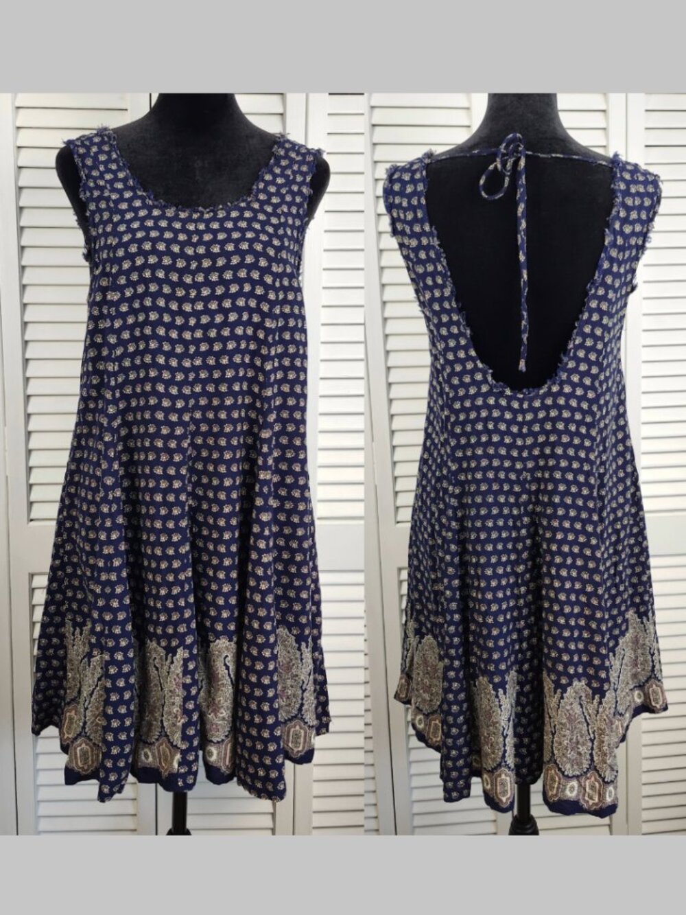 Hem & Thread Boho Dress Navy Blue Open Back Size Small Relaxed Fit